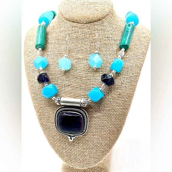 Chalcedony, Malachite, Fluorite Necklace Pendant & Earrings Set - Picture 8 of 13